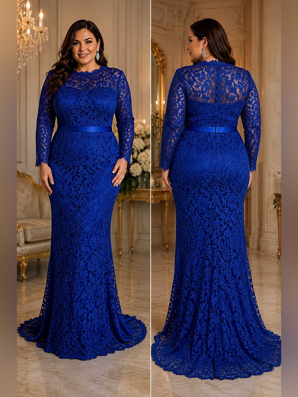 Tadashi Shoji Royal Blue Corded Lace Peplum Column Maxi Gown 16 NWOT
